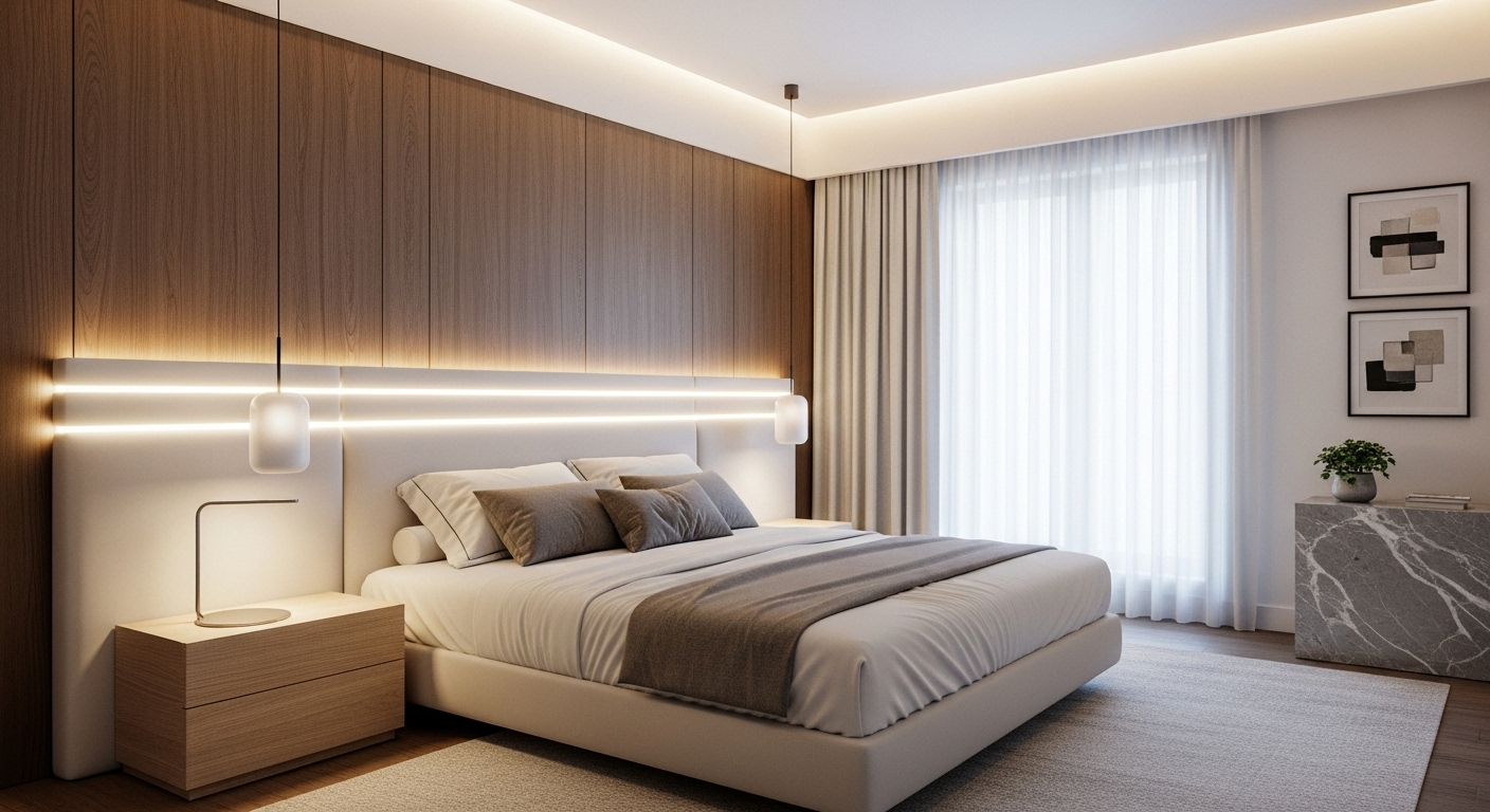 Headboard kasur empuk dengan kombinasi panel kayu dan lampu tidur minimalis kustom