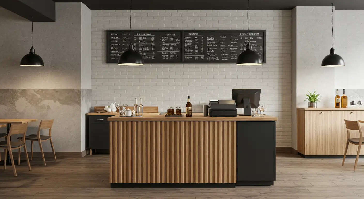 Sentuhan Industrial Minimalis dengan Aksen Kisi-Kisi Kayu yang Hangat