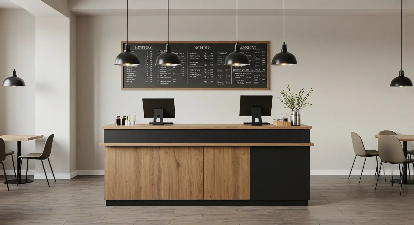 Desain Meja Kasir Industrial Minimalis Paduan Kayu dan Hitam Matte yang Elegan