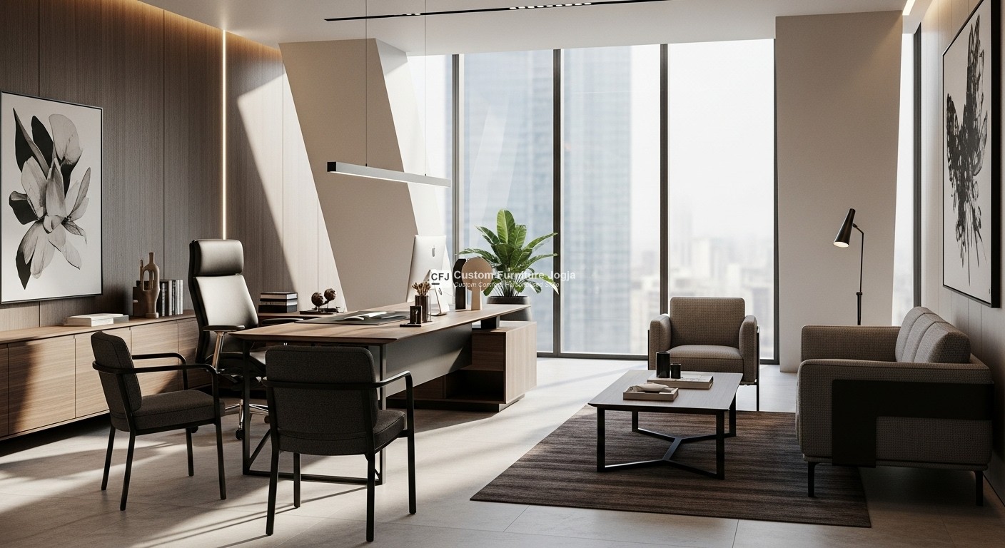 desain ruang direksi, meja direktur custom jogja, interior kantor mewah yogyakarta, custom furniture jogja, furniture ruang pimpinan, backdrop ruang kerja direktur.